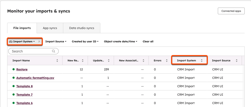 HubSpot File imports tab showing import records, with Import System column and filter set to CRM Import highlighted.