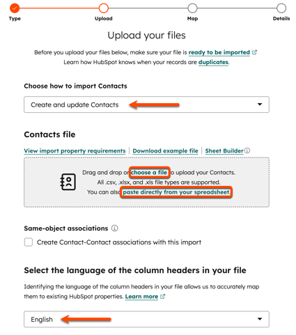 Contact import upload screen showing file drag-and-drop area, import type dropdown, association option, and column header language selector.