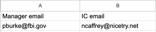 Two-column spreadsheet with headers ‘Manager email’ and ‘IC email,’ each containing one email address.