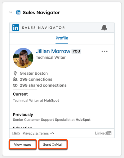 The LinkedIn Sales Navigator card, highlighting the options to view more and send InMail.