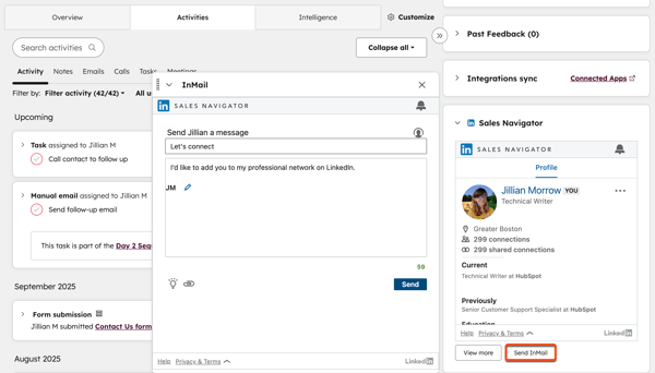 A sample contact record, displaying the LinkedIn Sales Navigator card and the option to send InMail.