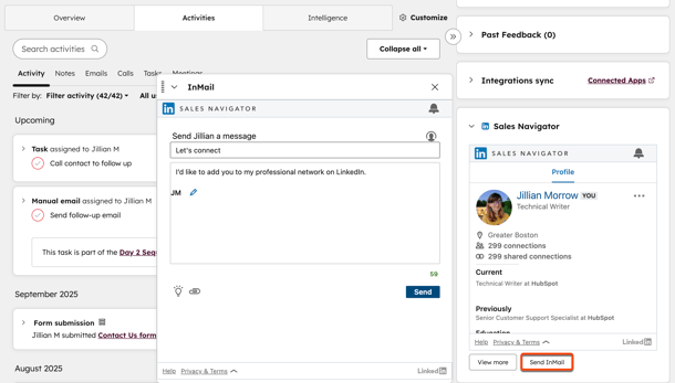 Un ejemplo de registro de contacto, mostrando la tarjeta LinkedIn Sales Navigator y la opción de enviar InMail.