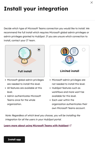 screenshot showing the Install your integration window in HubSpot.