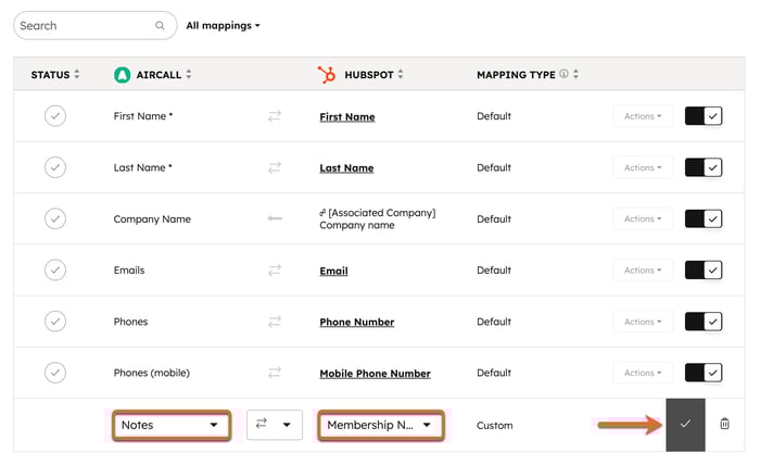 Data sync configuration settings, displaying the creation of a custom field mapping.