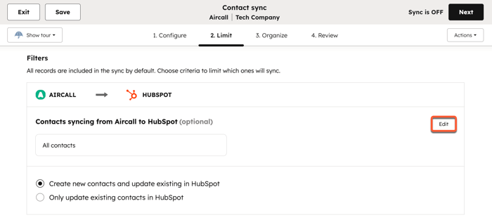 Data sync settings, showing the option to filter records that will sync.