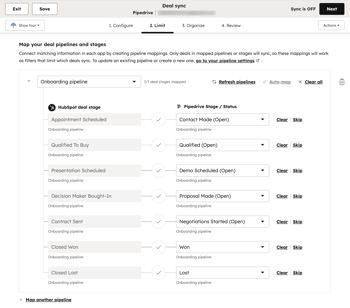 Data sync settings, displaying pipeline field mappings and the option to map another pipeline.