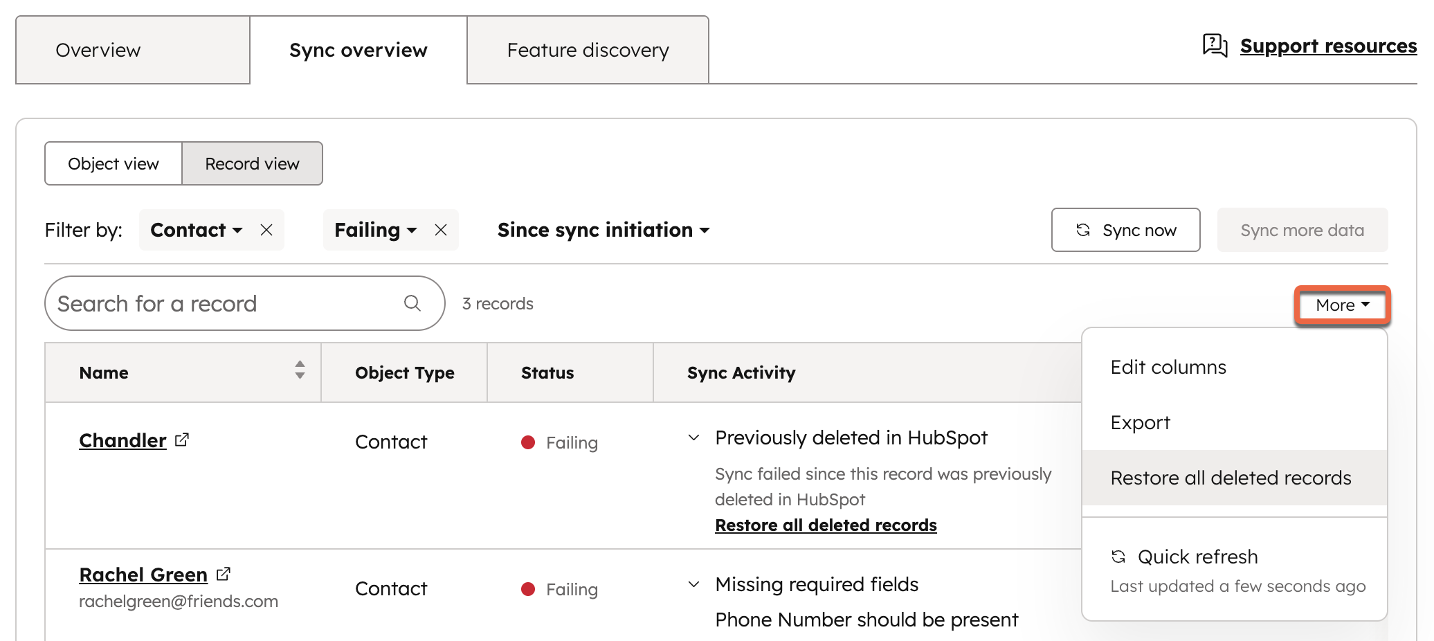 Data sync record overview, highlighting the option to restore all deleted records for select sync failures.