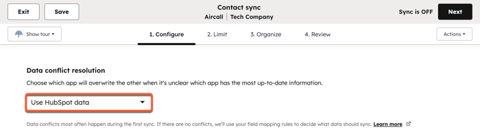 Data sync configuration, displaying the option to set data conflict resolution settings.