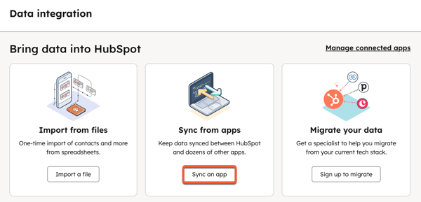 Data integration options, highlighting the "sync an app" button to sync data between HubSpot and other apps.