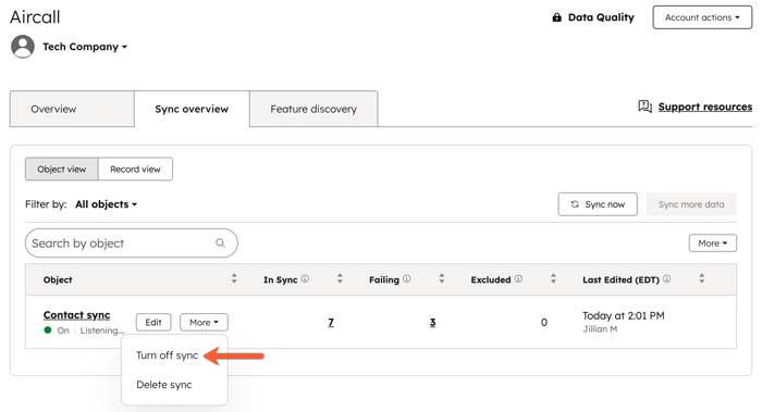 Data sync settings, highlighting the option to turn off an object sync.