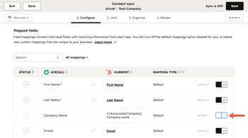Data sync configuration page, showing field mapping settings.