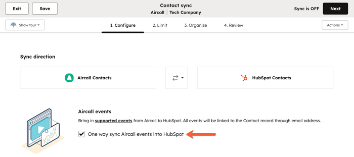 Data sync configuration settings, showing the option to sync events one-way into HubSpot.