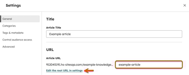 In the content editor, a dialog box is displayed for Settings. The left menu has General selected, and the Title and URL sections are shown. A box is placed around the Article URL field and an arrow points to the Edit the root URL in settings hyperlinked text.
