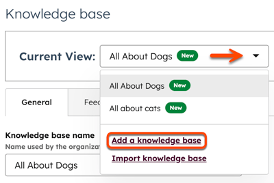 The content settings for the knowledge base are displayed. An arrow points to the Current view dropdown menu. In the menu, a box is placed around the Add a knowledge base hyperlinked text.