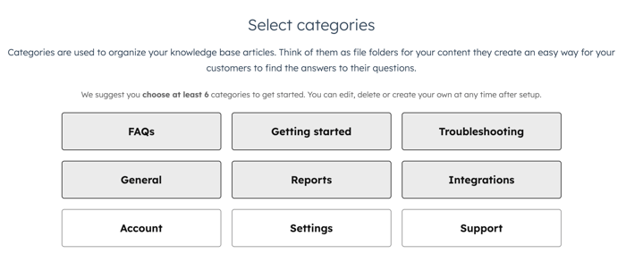 The Select categories page is displayed during the creation of a knowledge base.