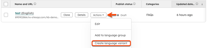 On the knowledge base index page, an arrow points to the Action dropdown menu for a knowledge base article. A box is placed around the Create language variant option.