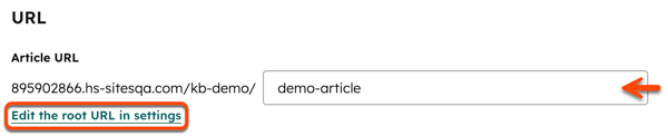 In the editor, the settings are displayed for a knowledge base article. An arrow points to the article URL field and a box is placed around the Edit the root URL in settings hyperlinked text.