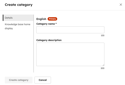 The knowledge base create category dialog box is displayed. The details menu item is selected, with the cateogry name and category description fields visible.