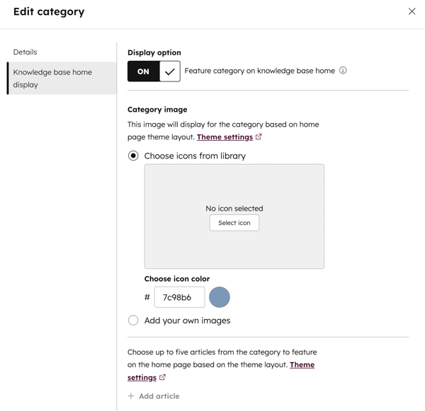 The knowledge base edit category dialog box is displayed. The knowledge base home display menu item is selected, with the display option toggle switch on. The category image has two options: Choose icons from library or Add your own images.