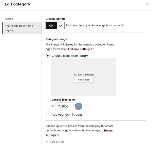 The knowledge base edit category dialog box is displayed. The knowledge base home display menu item is selected, with the display option toggle switch on. The category image has two options: Choose icons from library or Add your own images.
