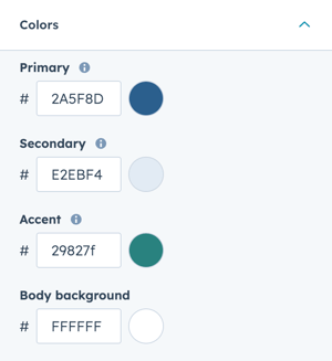 In the theme editor, the Colors section in displayed showing the Primary, Secondary, Accent, and Body background color pickers.