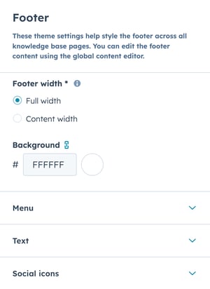 In the theme editor, the Footer section is displayed showing the following options: Footer width, Background color, Menu, Text, and Social icons.
