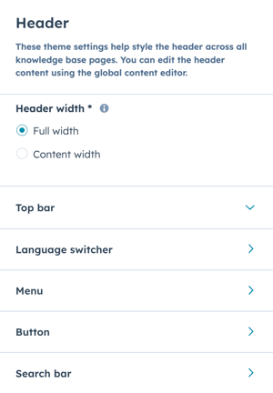 In the theme editor, the Header section is displayed showing the following options: Header width, Top bar, Language switcher, Menu, Button, and Search bar.