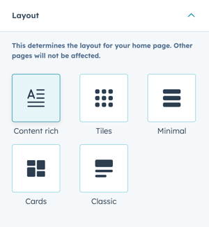 In the theme editor, the Layout section in displayed showing the following options: Content rich, Tiles, Minimal, Cards, and Classic.