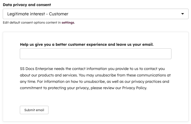 The knowledge base settings are displayed on the feedback tab. The data privacy and consent dropdown menu has Legitimate interest - Customer selected and a preview is displayed.