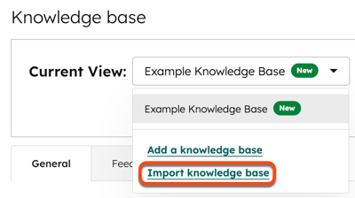 As configurações de conteúdo da Central de Conhecimento são exibidas. O menu suspenso é selecionado para a Central de Conhecimento e uma caixa é colocada ao redor da opção Importar texto com hiperlink da Central de Conhecimento.