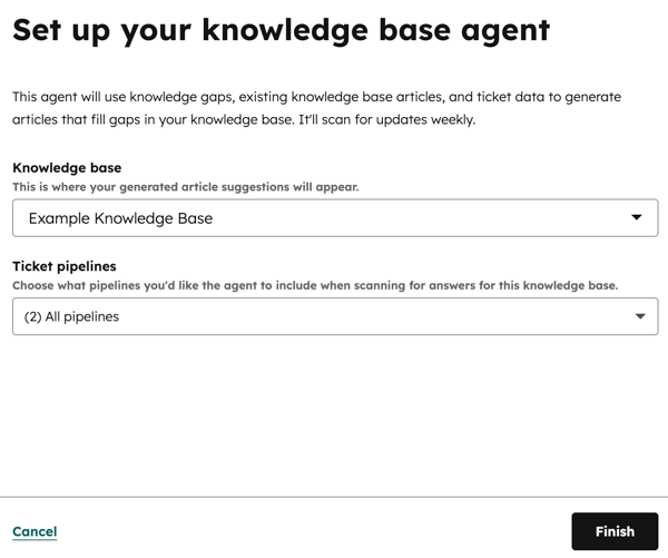 La page Configurer un agent pour la base de connaissances s’affiche avec deux menus déroulants : Base de connaissances et Pipelines de tickets.