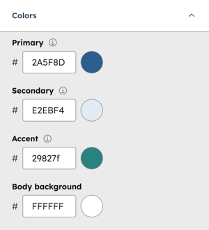 In the theme editor, the Colors section is displayed showing the Primary, Secondary, Accent, and Body background color pickers.