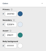 In the theme editor, the Colors section is displayed showing the Primary, Secondary, Accent, and Body background color pickers.