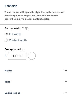 In the theme editor, the Footer section is displayed showing the following options: Footer width, Background color, Menu, Text, and Social icons.