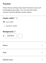 In the theme editor, the Footer section is displayed showing the following options: Footer width, Background color, Menu, Text, and Social icons.