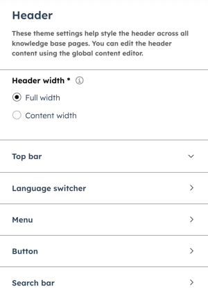 In the theme editor, the Header section is displayed showing the following options: Header width, Top bar, Language switcher, Menu, Button, and Search bar.