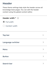 In the theme editor, the Header section is displayed showing the following options: Header width, Top bar, Language switcher, Menu, Button, and Search bar.