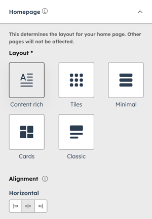 In the knowledge base theme editor, the Homepage section is expanded to display the layout options.