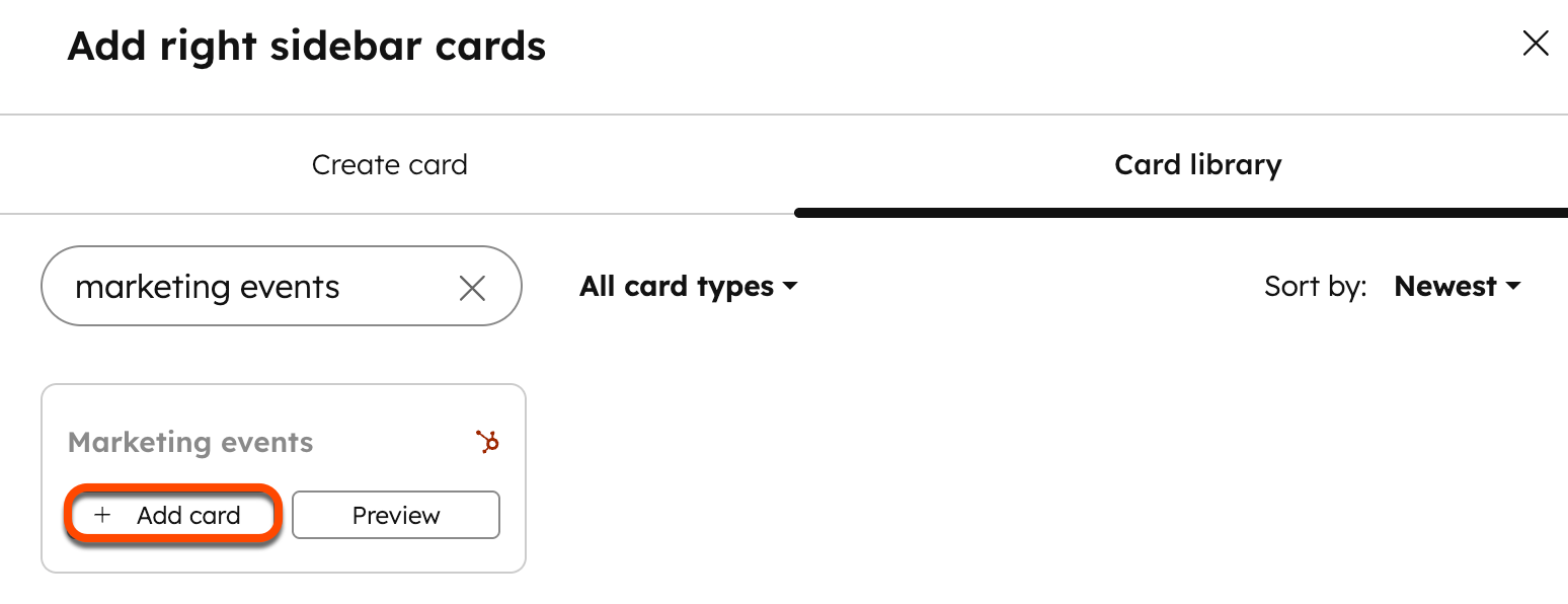 Screenshot showing the Add card button to add the Marketing events card to the right sidebar of contact records in HubSpot. 