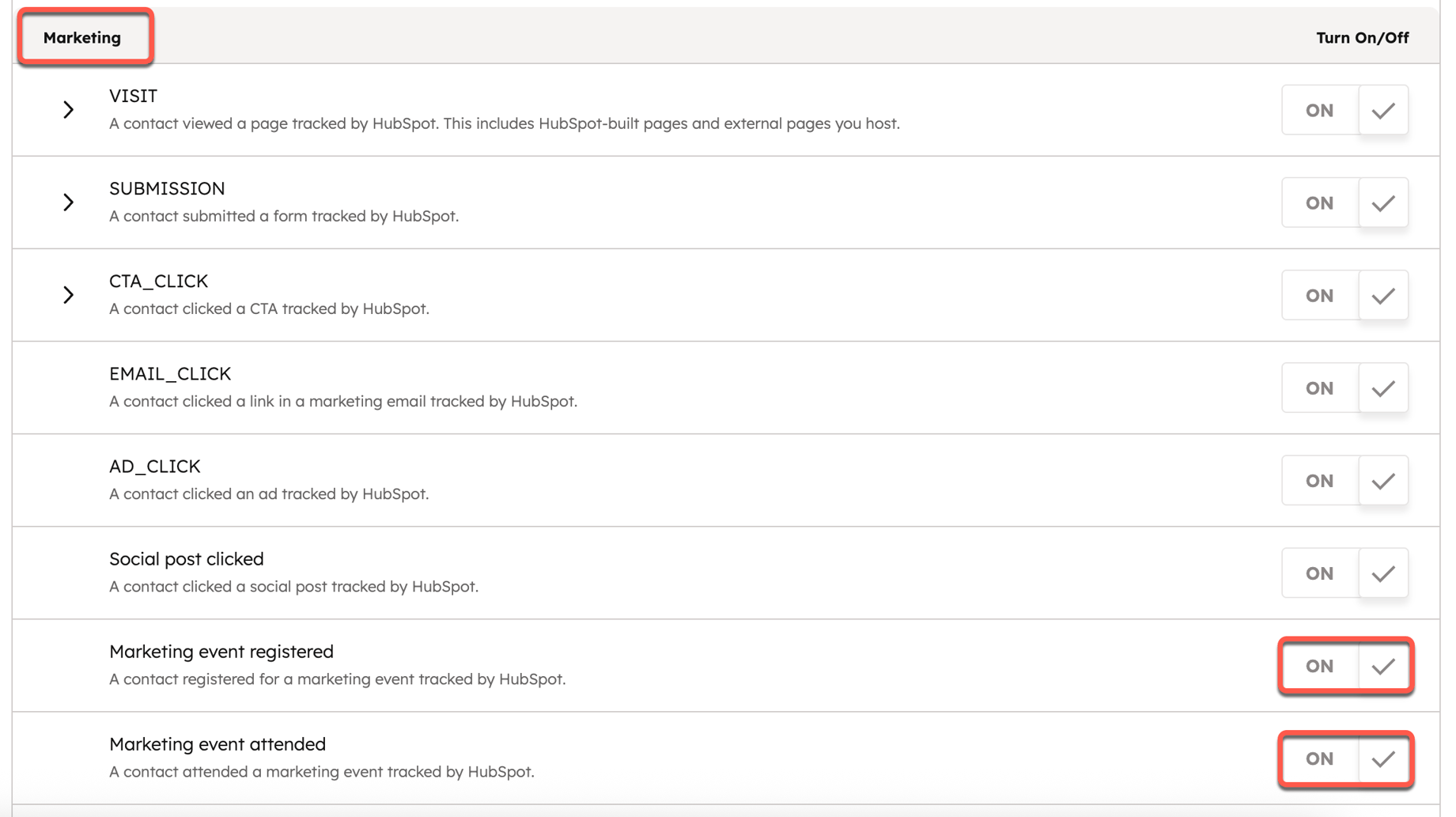 Screenshot showing how to toggle on the interaction types for marketing event attribution.