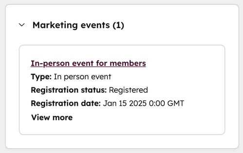 screenshot of viewing marketing events card on contact record in HubSpot