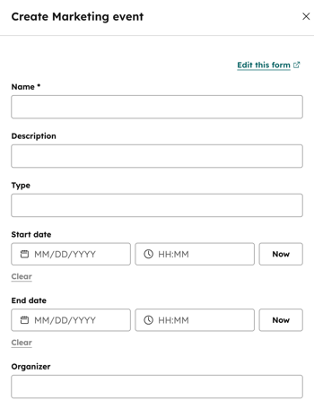 Screenshot of the right panel to create a marketing event in HubSpot.