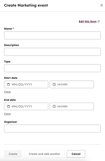 Screenshot showing the right panel to create a marketing event in HubSpot.