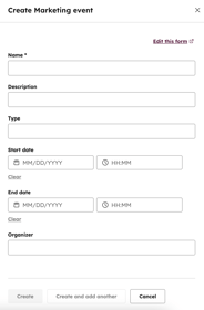 Screenshot showing the right panel to create a marketing event in HubSpot.