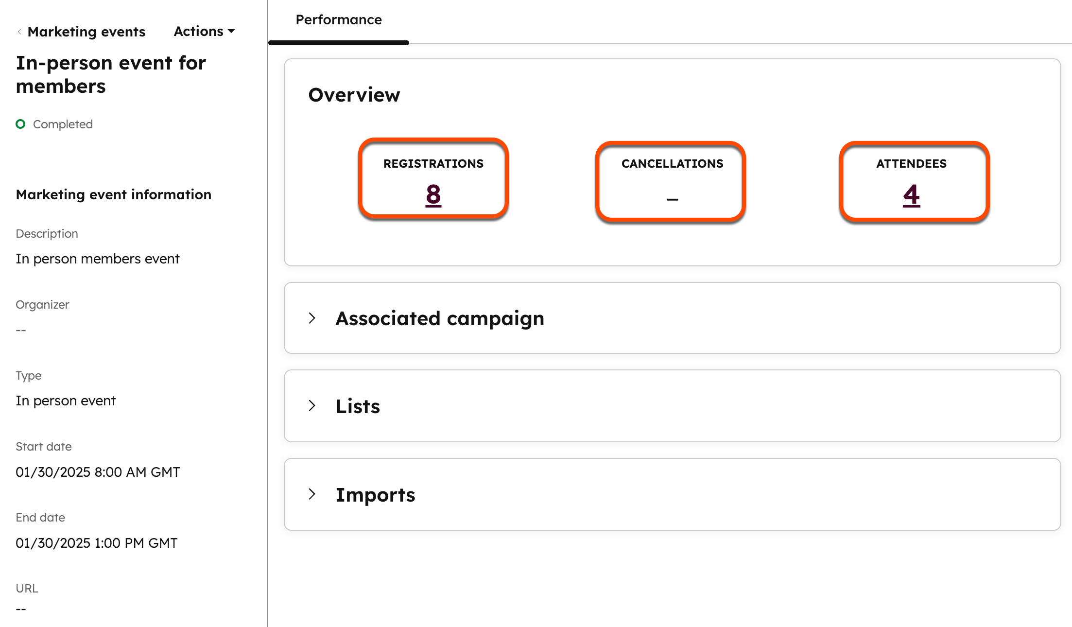 Screenshot der Seite eines Marketingevents in HubSpot mit den Anmelde-, Stornierungs- und Teilnahmeinformationen. 
