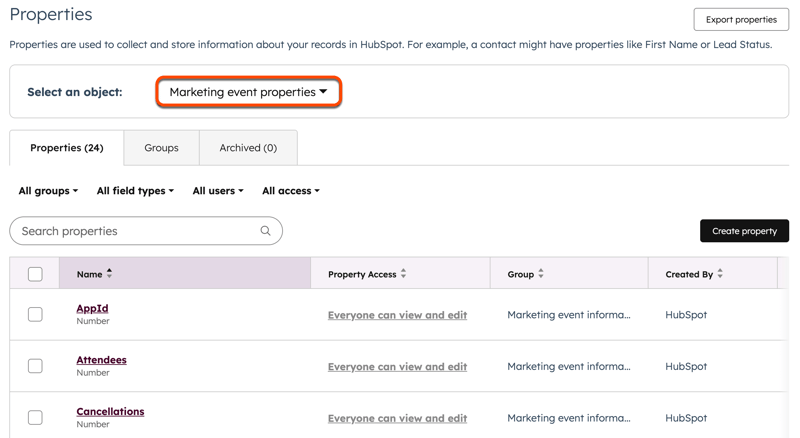 Screenshot showing the Properties page in Settings, highlighting the Select an object dropdown menu where you can select Marketing event properties.