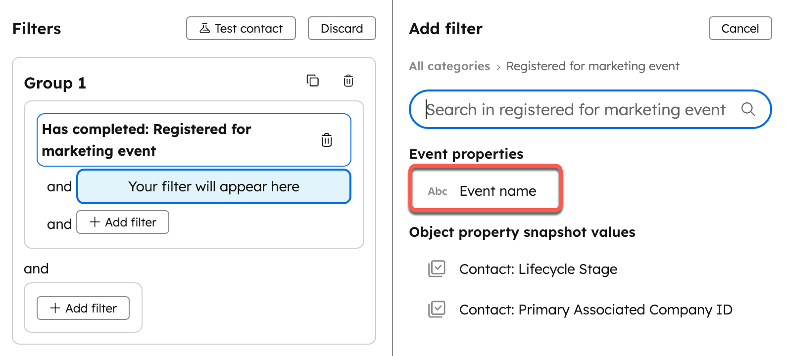Screenshot showing how to set up a segment filter for a marketing event.