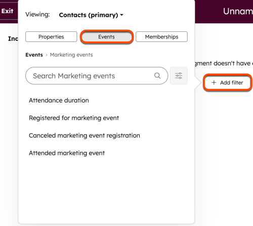 Screenshot mit den Segmentfiltern für Marketingevents