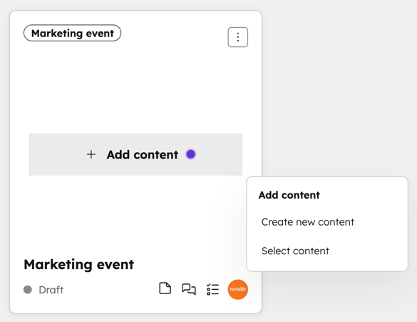 Screenshot showing the marketing event card and the + Add content button. 