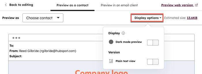 Display options menu in the email editor preview screen.